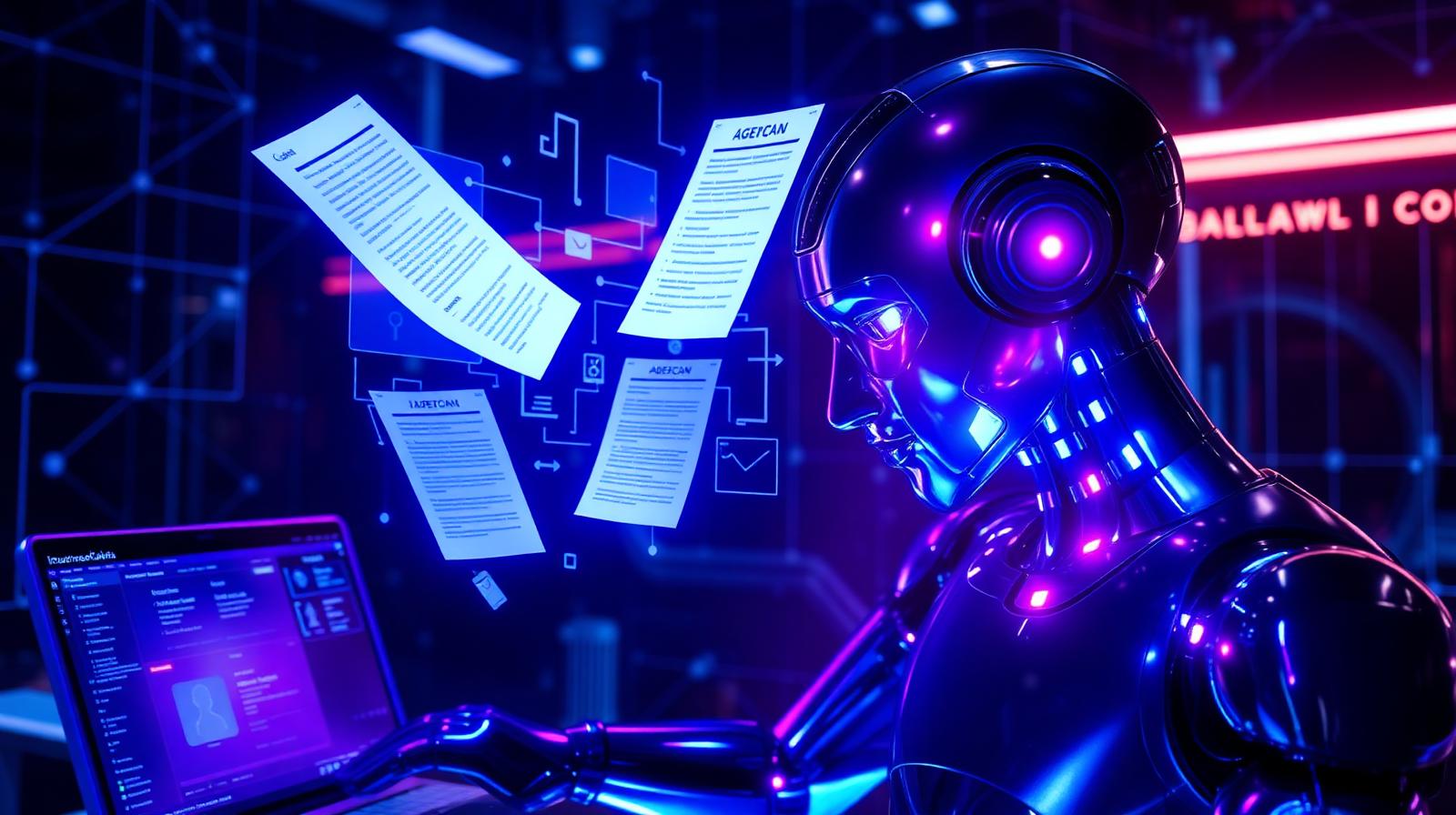 Agentic AI assistant processing insurance claim documents on holographic dashboards in 2026