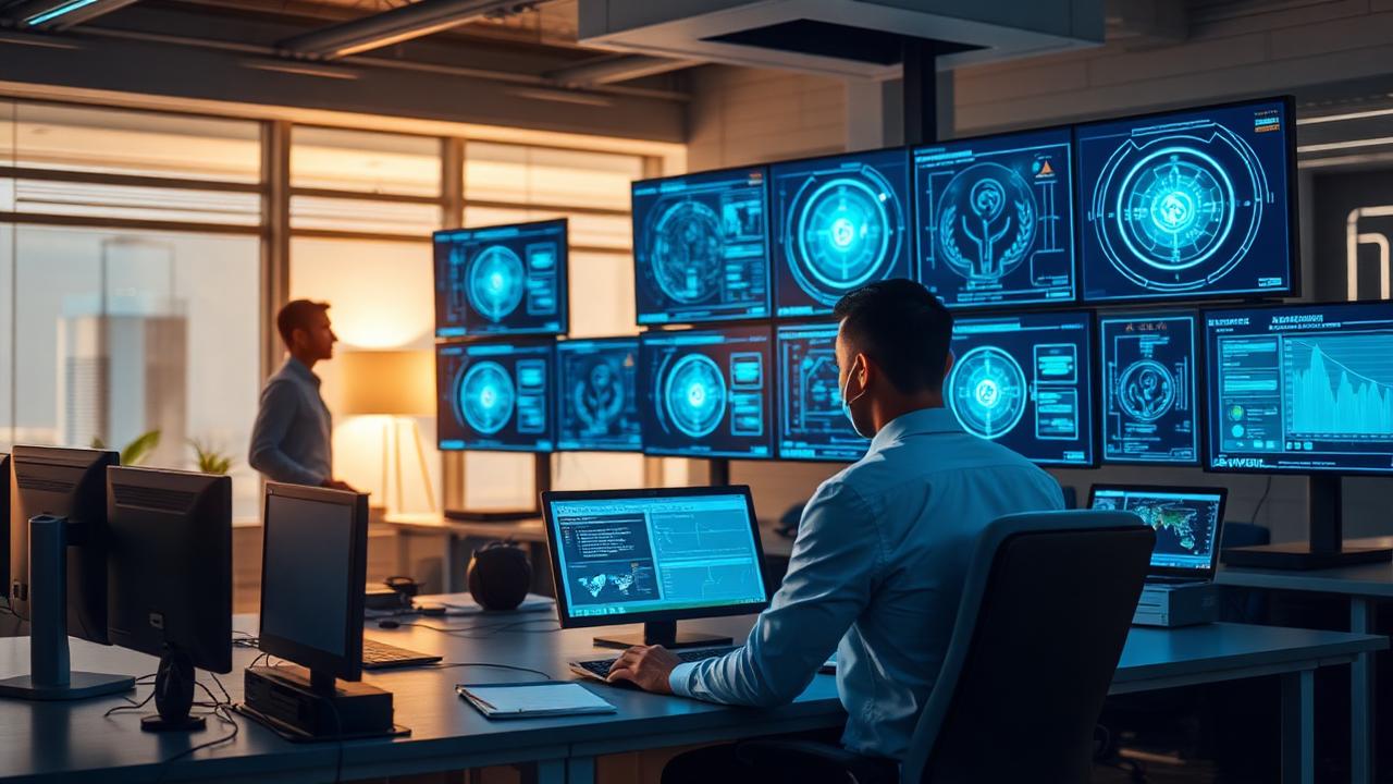 Insurance claims operations center with multiple AI agents collaborating on screens supervised by a human adjuster