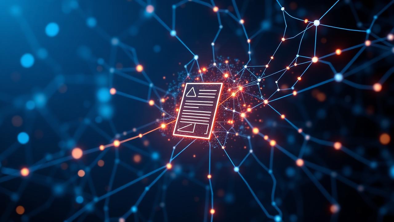Generative AI processing insurance documents through a neural network in 2026, visualizing retrieval and grounding