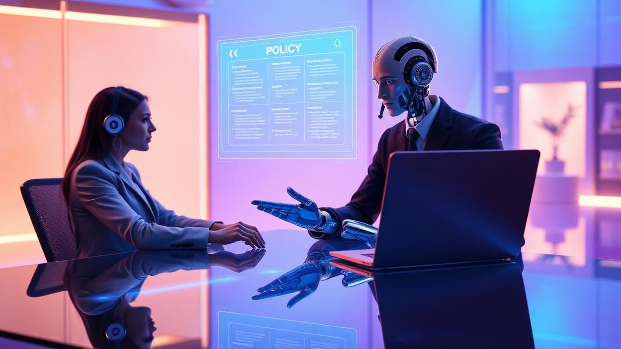 Insurance agent working alongside a generative AI copilot in 2026 with holographic policy interface and risk dashboards in a modern office
