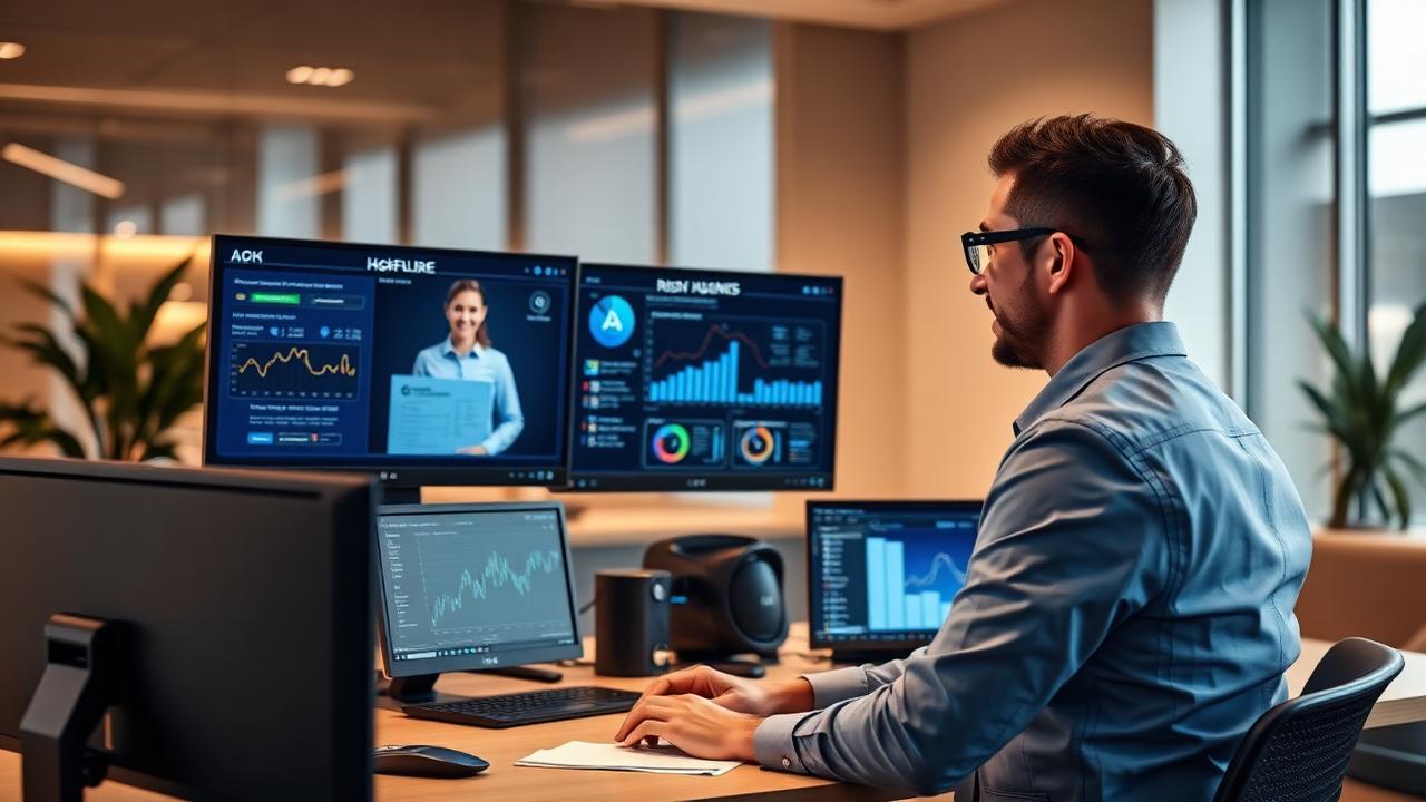 Insurance broker reviewing AI copilot suggestions across multiple monitors with risk analytics and quote comparisons in 2026