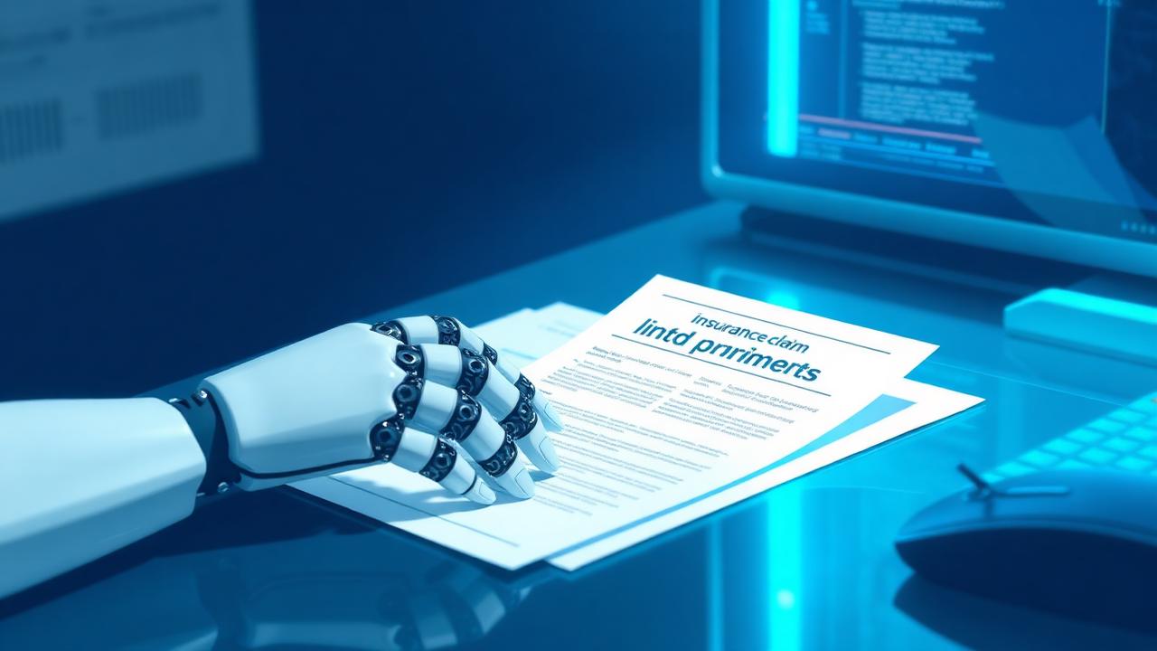 Robotic hand reviewing an insurance claim document on a digital desk