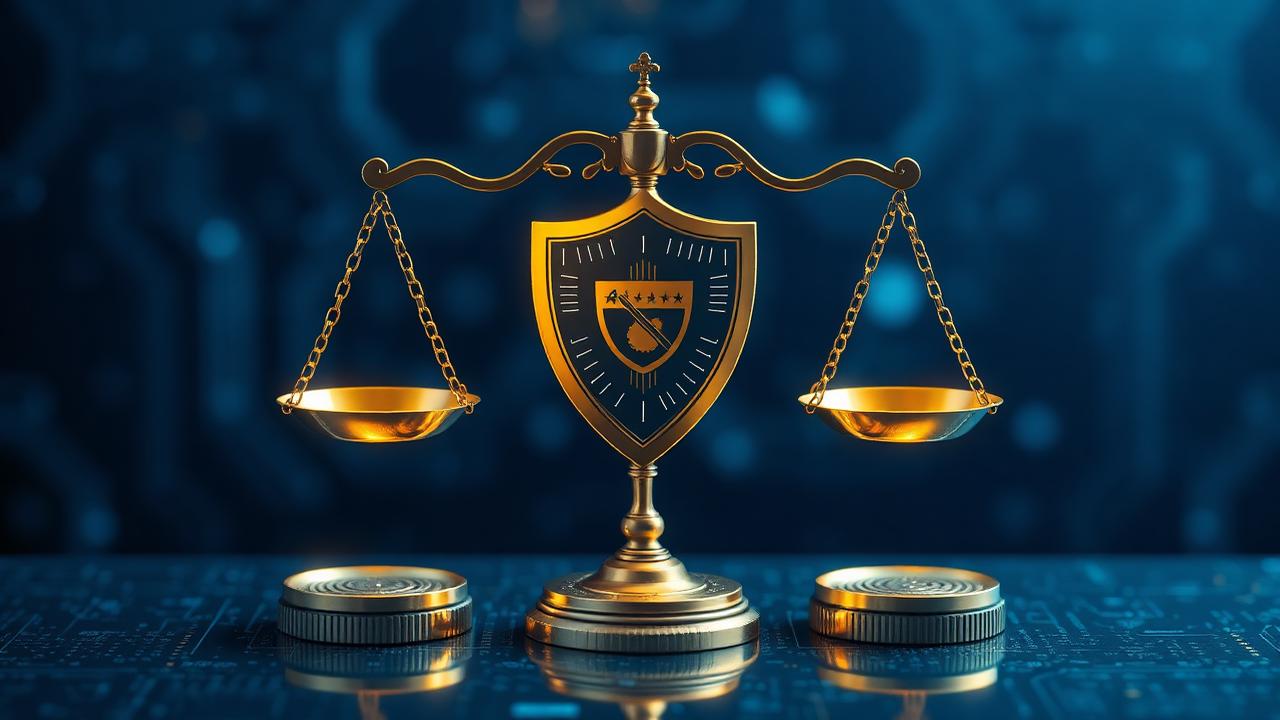 AI governance and compliance framework for cyber insurance with shield and balanced scales of justice over digital circuits