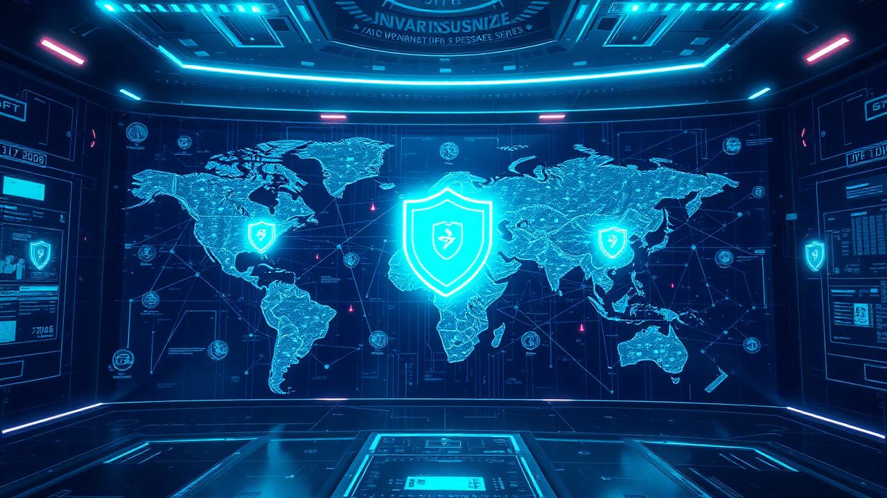 AI cyber insurance command center in 2026 with holographic global threat map and shield icons illustrating real-time risk scoring