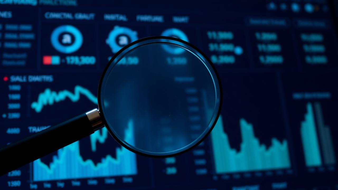 Magnifying glass over a fraud-detection analytics dashboard