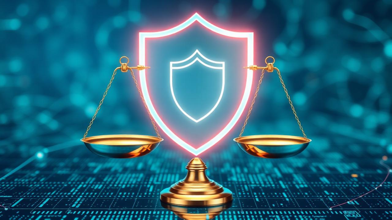 AI governance and regulatory compliance framework for parametric insurance with shield and balanced scales over digital data streams