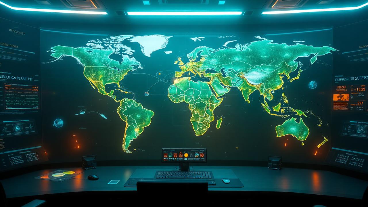 Parametric insurance AI command center in 2026 with holographic world map showing real-time climate and catastrophe trigger data