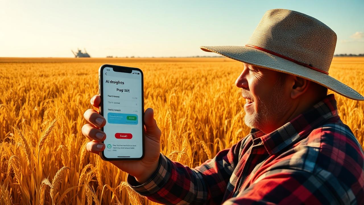 Farmer receiving instant AI parametric crop insurance payout on smartphone after drought event in 2026