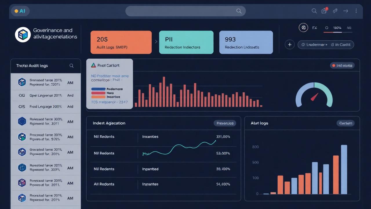 AI governance and compliance dashboard for small language models in insurance with audit logs, PII redaction indicators and EU AI Act compliance badges