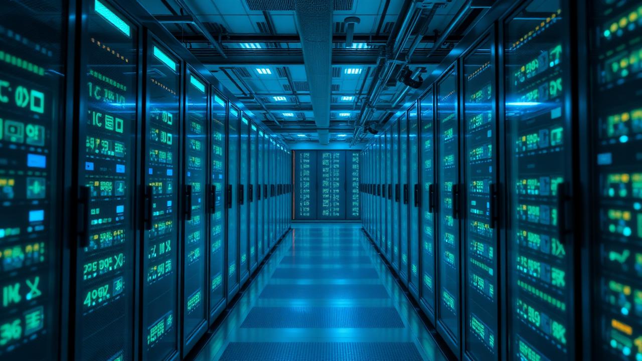Insurance data center in 2026 running compact small language models on edge servers with glowing AI nodes representing efficient domain-specific insurance AI