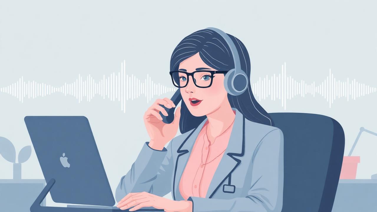 Illustration of a policyholder reporting a first notice of loss to an AI voice agent over the phone with conversational AI waveforms