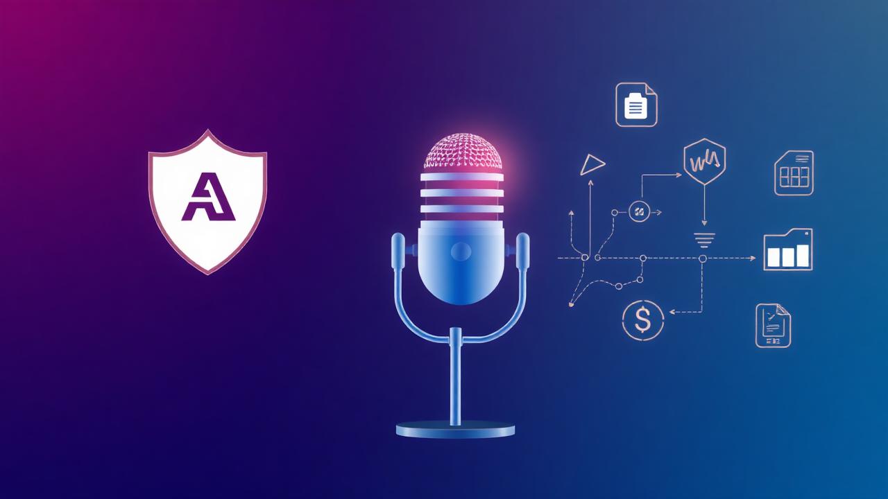 AI voice governance concept for insurance with shield, microphone and audit workflow representing compliance, disclosure and oversight controls