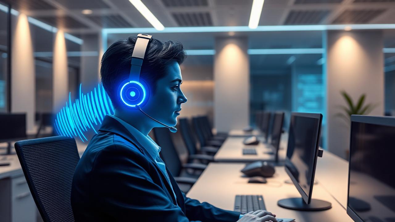 Insurance contact center agent in 2026 wearing a headset with glowing AI voice waveforms representing a generative AI voice agent handling policyholder calls